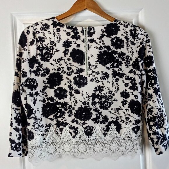 Miss Finch B&W Floral Print Crochet Trim Crop Top - Picture 2 of 6